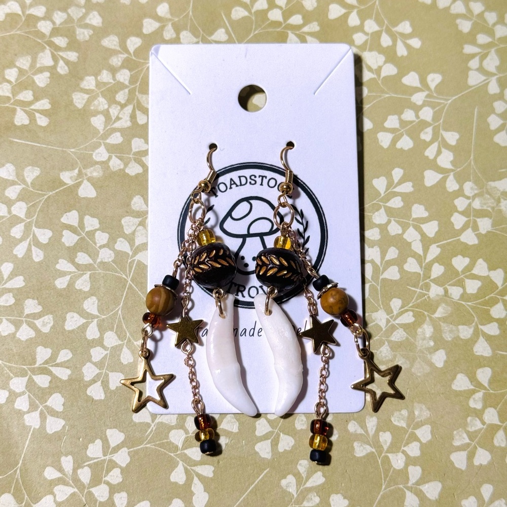 Bohemian Star Charms and Coyote Teeth + Wooden Beads Earrings